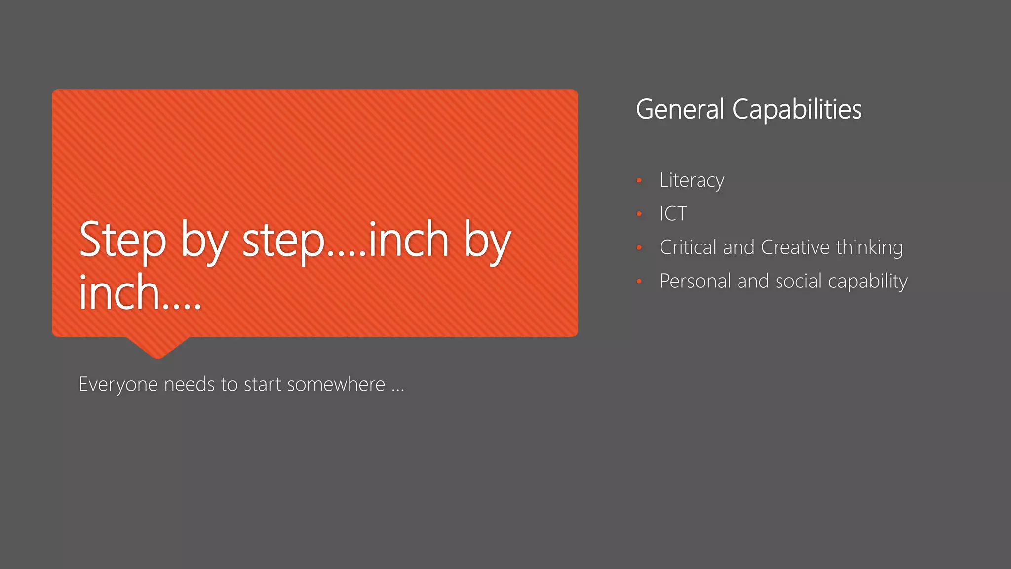 Step by step….inch by
inch….
Everyone needs to start somewhere …
General Capabilities
• Literacy
• ICT
• Critical and Creative thinking
• Personal and social capability
 