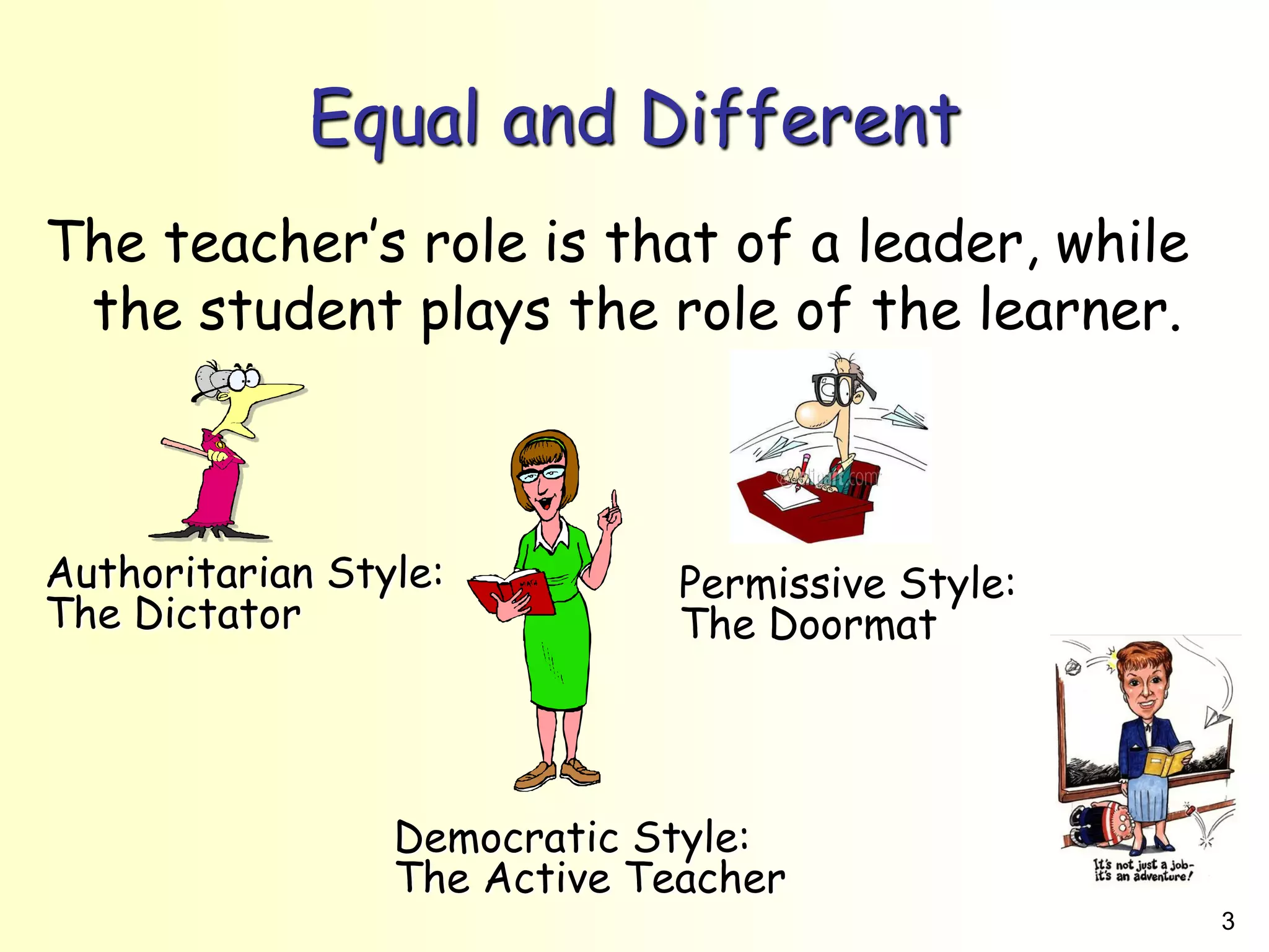 3
Equal and Different
The teacher’s role is that of a leader, while
the student plays the role of the learner.
Authoritarian Style:
The Dictator
Permissive Style:
The Doormat
Democratic Style:
The Active Teacher
 