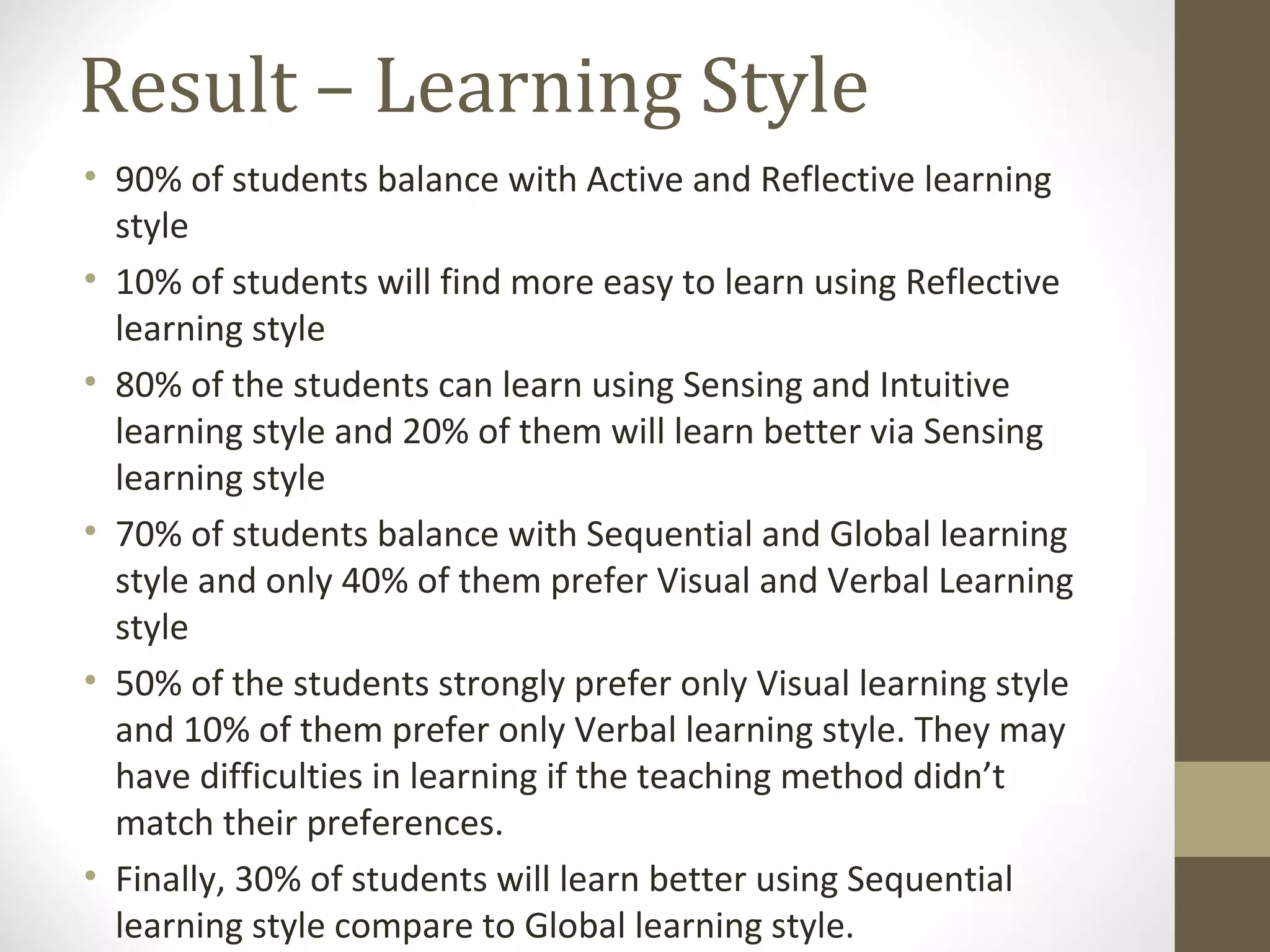 Result – Learning Style
• 90% of students balance with Active and Reflective learning
  style
• 10% of students will find more easy to learn using Reflective
  learning style
• 80% of the students can learn using Sensing and Intuitive
  learning style and 20% of them will learn better via Sensing
  learning style
• 70% of students balance with Sequential and Global learning
  style and only 40% of them prefer Visual and Verbal Learning
  style
• 50% of the students strongly prefer only Visual learning style
  and 10% of them prefer only Verbal learning style. They may
  have difficulties in learning if the teaching method didn’t
  match their preferences.
• Finally, 30% of students will learn better using Sequential
  learning style compare to Global learning style.
 