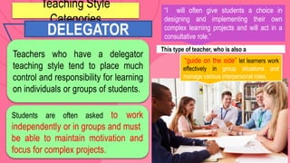 “I will often give students a choice in
designing and implementing their own
complex learning projects and will act in a
consultative role.”
This type of teacher, who is also a
Teaching Style
Categories
Teachers who have a delegator
teaching style tend to place much
control and responsibility for learning
on individuals or groups of students.
DELEGATOR
“guide on the side” let learners work
effectively in group situations and
manage various interpersonal roles.
Students are often asked to work
independently or in groups and must
be able to maintain motivation and
focus for complex projects.
 