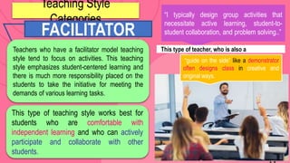“I typically design group activities that
necessitate active learning, student-to-
student collaboration, and problem solving..”
This type of teacher, who is also a
Teaching Style
Categories
Teachers who have a facilitator model teaching
style tend to focus on activities. This teaching
style emphasizes student-centered learning and
there is much more responsibility placed on the
students to take the initiative for meeting the
demands of various learning tasks.
FACILITATOR
“guide on the side” like a demonstrator
often designs class in creative and
original ways.
This type of teaching style works best for
students who are comfortable with
independent learning and who can actively
participate and collaborate with other
students.
 