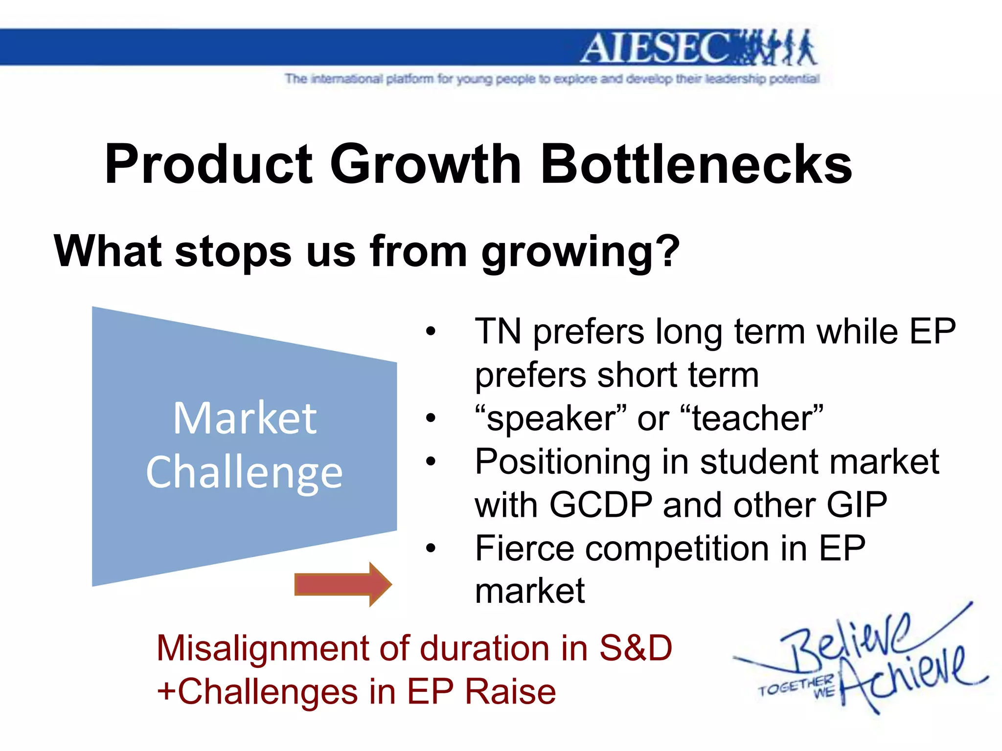 Product Growth Bottlenecks
What stops us from growing?
                    •   TN prefers long term while EP
                        prefers short term
    Market          •   “speaker” or “teacher”
   Challenge        •   Positioning in student market
                        with GCDP and other GIP
                    •   Fierce competition in EP
                        market
    Misalignment of duration in S&D
    +Challenges in EP Raise
 
