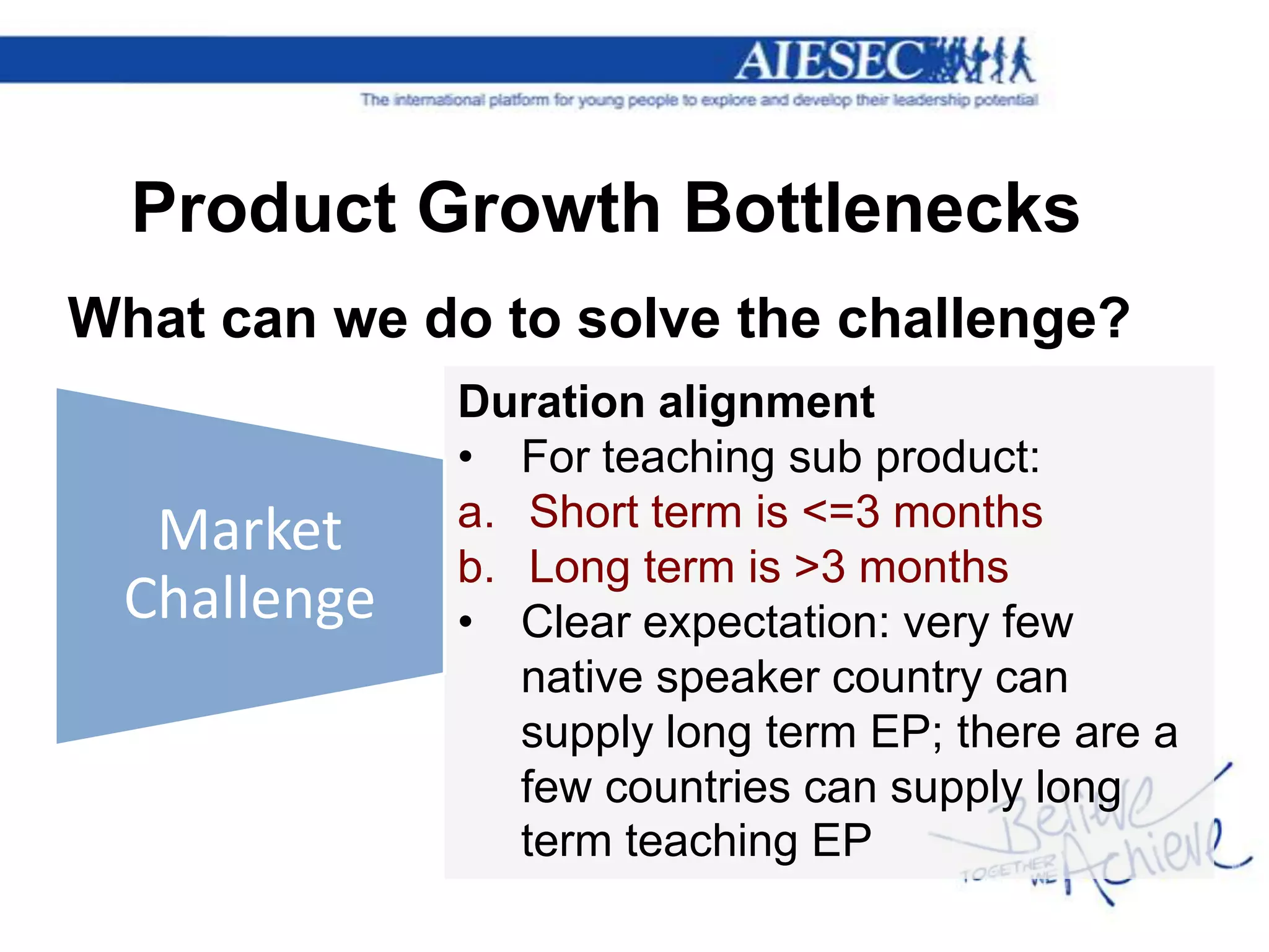 Product Growth Bottlenecks
What can we do to solve the challenge?
             Duration alignment
             • For teaching sub product:
  Market     a. Short term is <=3 months
             b. Long term is >3 months
 Challenge   • Clear expectation: very few
                native speaker country can
                supply long term EP; there are a
                few countries can supply long
                term teaching EP
 