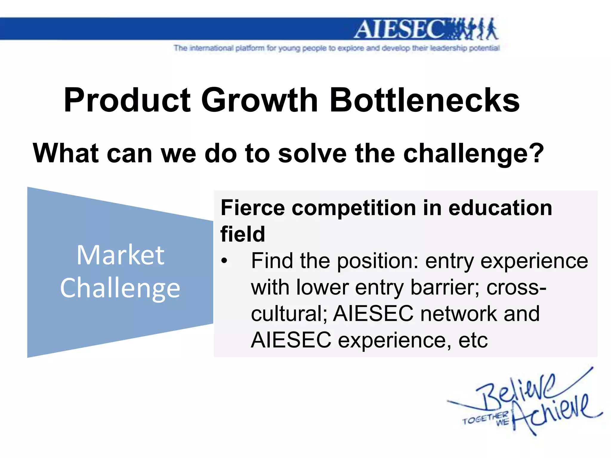 Product Growth Bottlenecks
What can we do to solve the challenge?
             Fierce competition in education
             field
  Market     • Find the position: entry experience
 Challenge       with lower entry barrier; cross-
                 cultural; AIESEC network and
                 AIESEC experience, etc
 