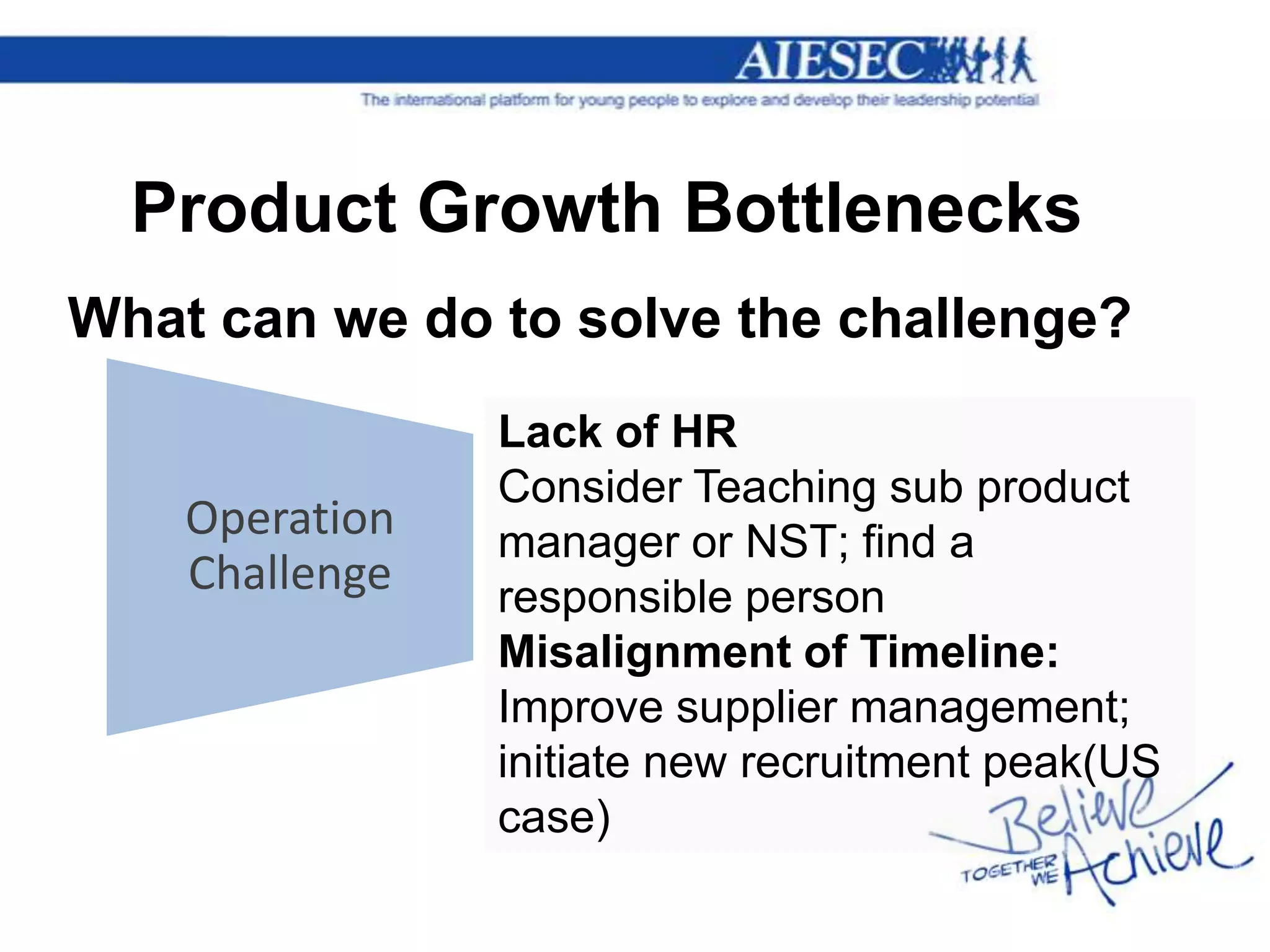 Product Growth Bottlenecks
What can we do to solve the challenge?
                Lack of HR
                Consider Teaching sub product
    Operation   manager or NST; find a
    Challenge   responsible person
                Misalignment of Timeline:
                Improve supplier management;
                initiate new recruitment peak(US
                case)
 