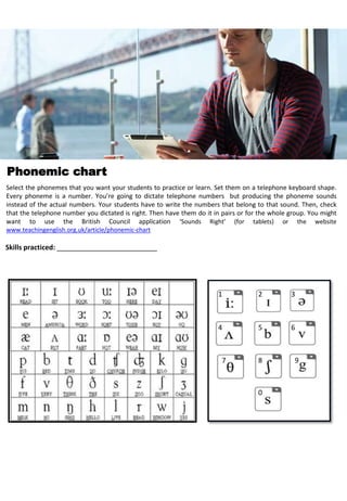 Phonemic chart
Select the phonemes that you want your students to practice or learn. Set them on a telephone keyboard shape.
Every phoneme is a number. You’re going to dictate telephone numbers but producing the phoneme sounds
instead of the actual numbers. Your students have to write the numbers that belong to that sound. Then, check
that the telephone number you dictated is right. Then have them do it in pairs or for the whole group. You might
want to use the British Council application ‘Sounds Right’ (for tablets) or the website
www.teachingenglish.org.uk/article/phonemic-chart
Skills practiced: __________________________
1 2 3
4 5 6
7 8 9
0
 