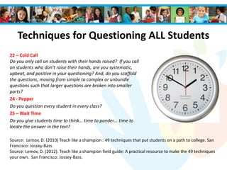 Techniques for Questioning ALL Students
22 – Cold Call
Do you only call on students with their hands raised? If you call
on students who don’t raise their hands, are you systematic,
upbeat, and positive in your questioning? And, do you scaffold
the questions, moving from simple to complex or unbundle
questions such that larger questions are broken into smaller
parts?
24 - Pepper
Do you question every student in every class?
25 – Wait Time
Do you give students time to think… time to ponder… time to
locate the answer in the text?
Source: Lemov, D. (2010) Teach like a champion : 49 techniques that put students on a path to college. San
Francisco: Jossey-Bass
Source: Lemov, D. (2012). Teach like a champion field guide: A practical resource to make the 49 techniques
your own. San Francisco: Jossey-Bass.
 
