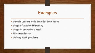 Examples
• Sample Lessons with Step-By-Step Tasks
• Steps of Maslow Hierarchy
• Steps in preparing a meal
• Writing a letter
• Solving Math problems
 