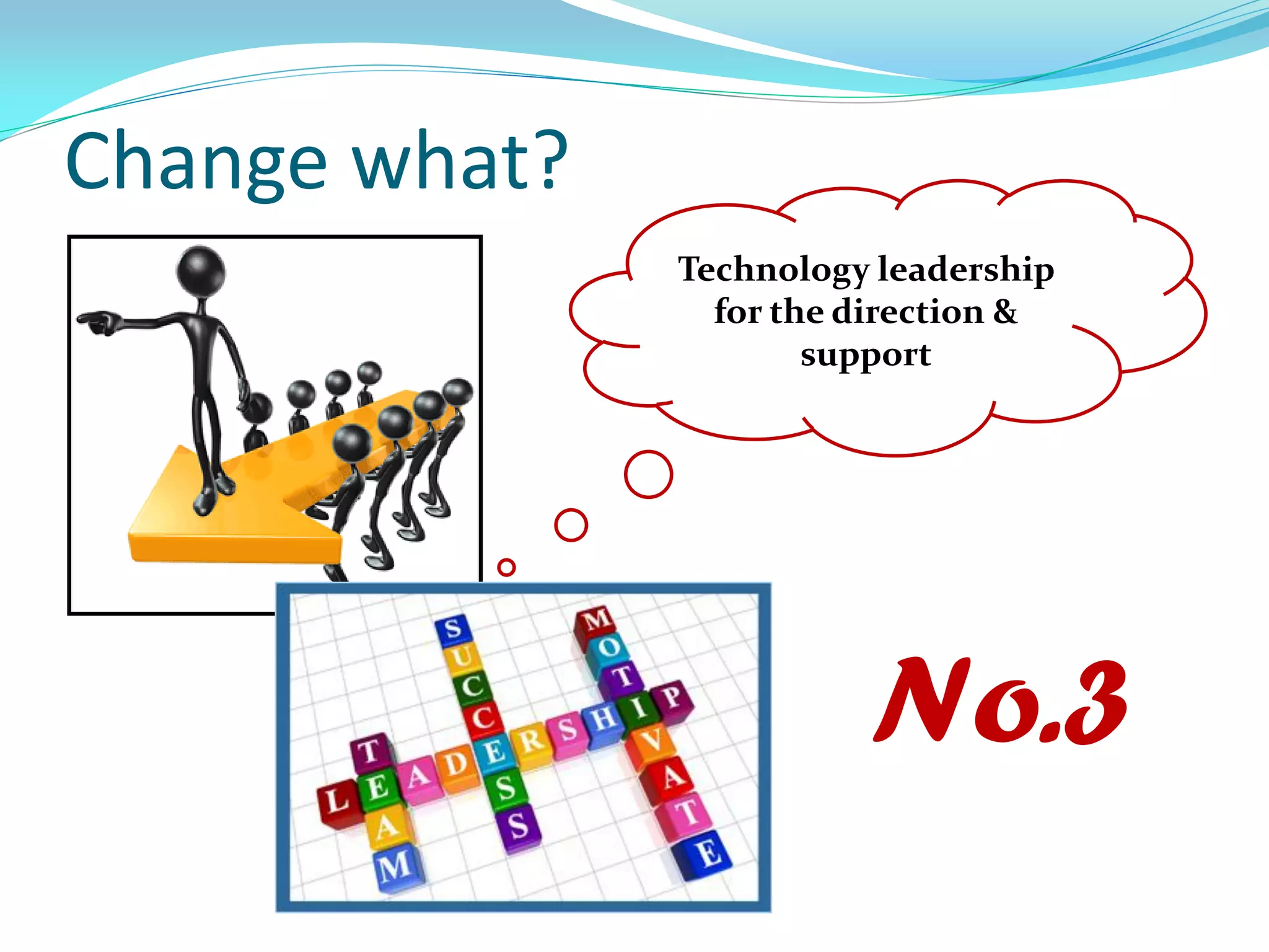 Change what?
Technology leadership
for the direction &
support
No.3
 
