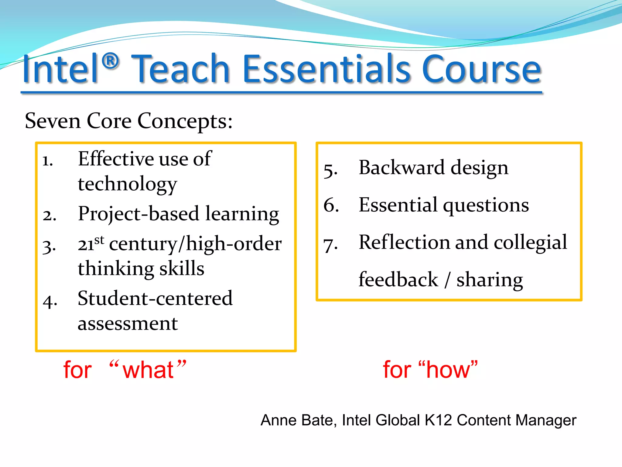 Intel® Teach Essentials Course
Seven Core Concepts:
1. Effective use of
technology
2. Project-based learning
3. 21st century/high-order
thinking skills
4. Student-centered
assessment
5. Backward design
6. Essential questions
7. Reflection and collegial
feedback / sharing
for “what” for “how”
Anne Bate, Intel Global K12 Content Manager
 