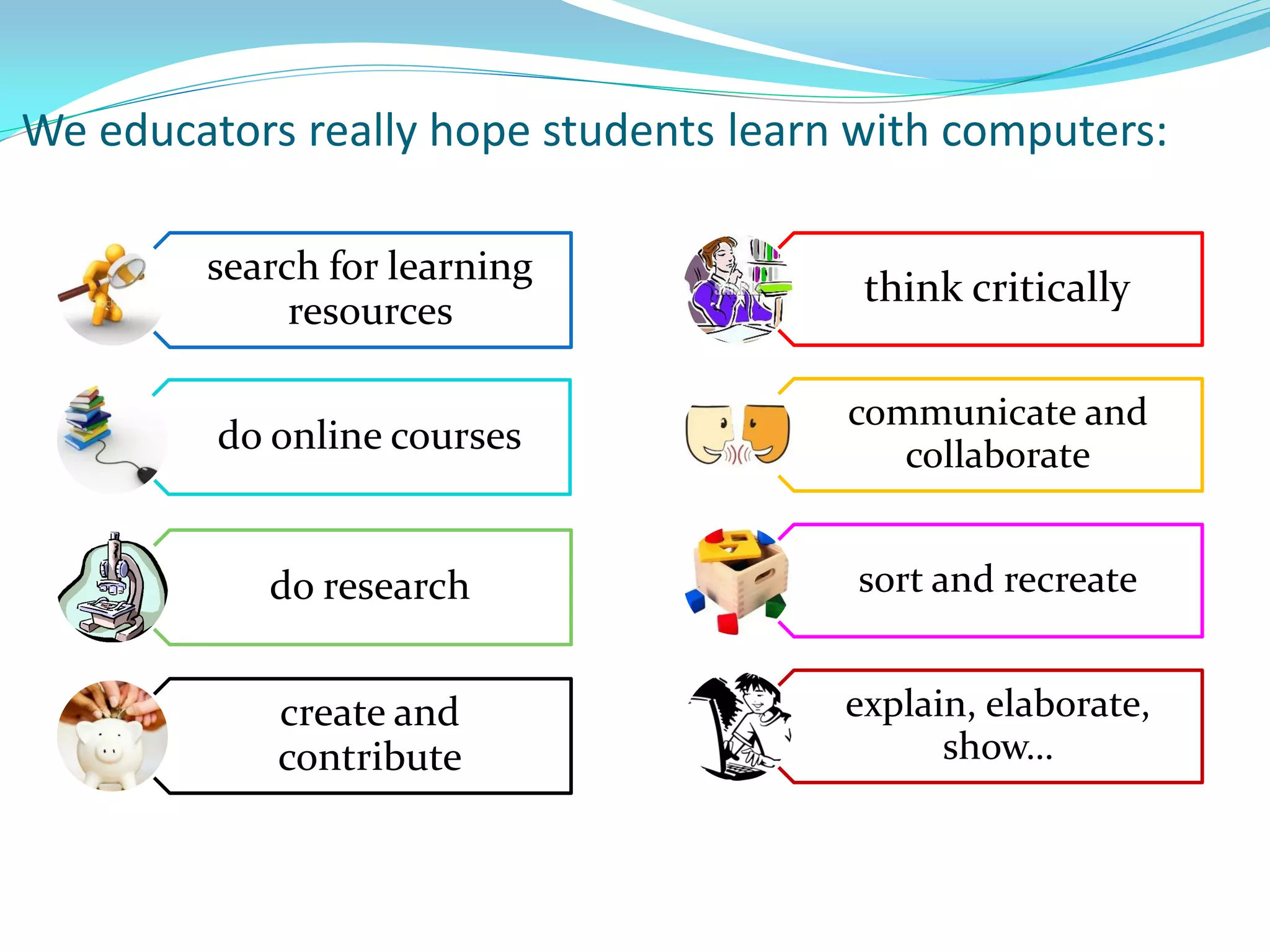 We educators really hope students learn with computers:
search for learning
resources
do online courses
do research
create and
contribute
think critically
communicate and
collaborate
sort and recreate
explain, elaborate,
show…
 