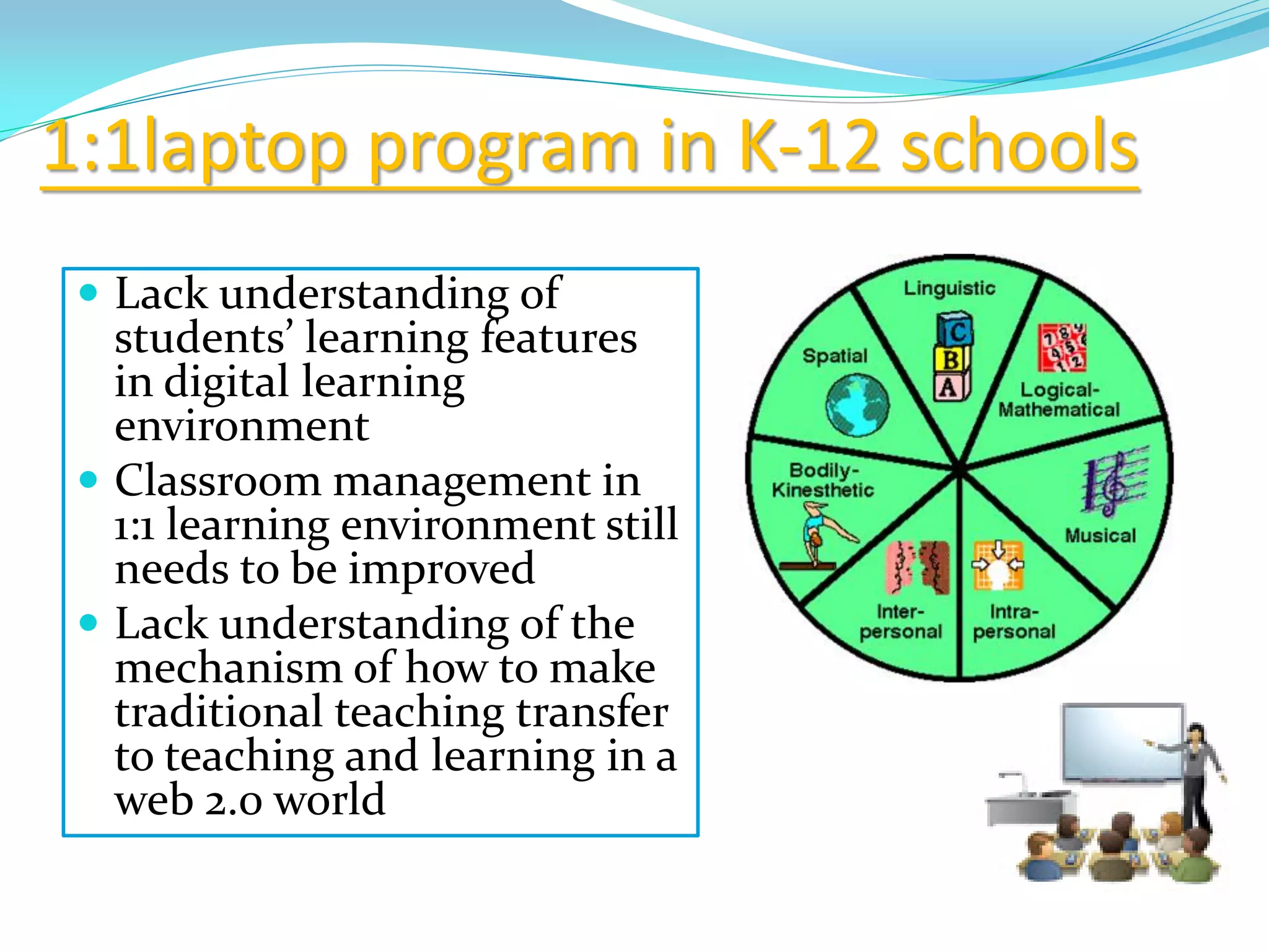 1:1laptop program in K-12 schools
 Lack understanding of
students’ learning features
in digital learning
environment
 Classroom management in
1:1 learning environment still
needs to be improved
 Lack understanding of the
mechanism of how to make
traditional teaching transfer
to teaching and learning in a
web 2.0 world
 
