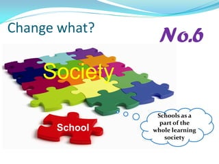 Change what?
School
Society
No.6
Schools as a
part of the
whole learning
society
 