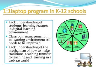 1:1laptop program in K-12 schools
 Lack understanding of
students’ learning features
in digital learning
environment
 Classroom management in
1:1 learning environment still
needs to be improved
 Lack understanding of the
mechanism of how to make
traditional teaching transfer
to teaching and learning in a
web 2.0 world
 