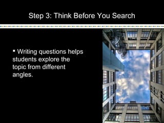 Step 3: Think Before You Search

Writing questions helps students focus in on
the area of interest to them.

 