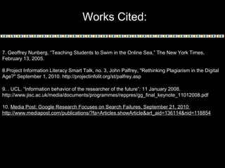 Works Cited:
7. Geoffrey Nunberg, “Teaching Students to Swim in the Online Sea,” The New York Times,
February 13, 2005.
8.Project Information Literacy Smart Talk, no. 3, John Palfrey, "Rethinking Plagiarism in the Digital
Age?" September 1, 2010. http://projectinfolit.org/st/palfrey.asp
9. . UCL. “Information behavior of the researcher of the future”: 11 January 2008.
http://www.jisc.ac.uk/media/documents/programmes/reppres/gg_final_keynote_11012008.pdf
10. Media Post: Google Research Focuses on Search Failures, September 21, 2010
http://www.mediapost.com/publications/?fa=Articles.showArticle&art_aid=136114&nid=118854

 