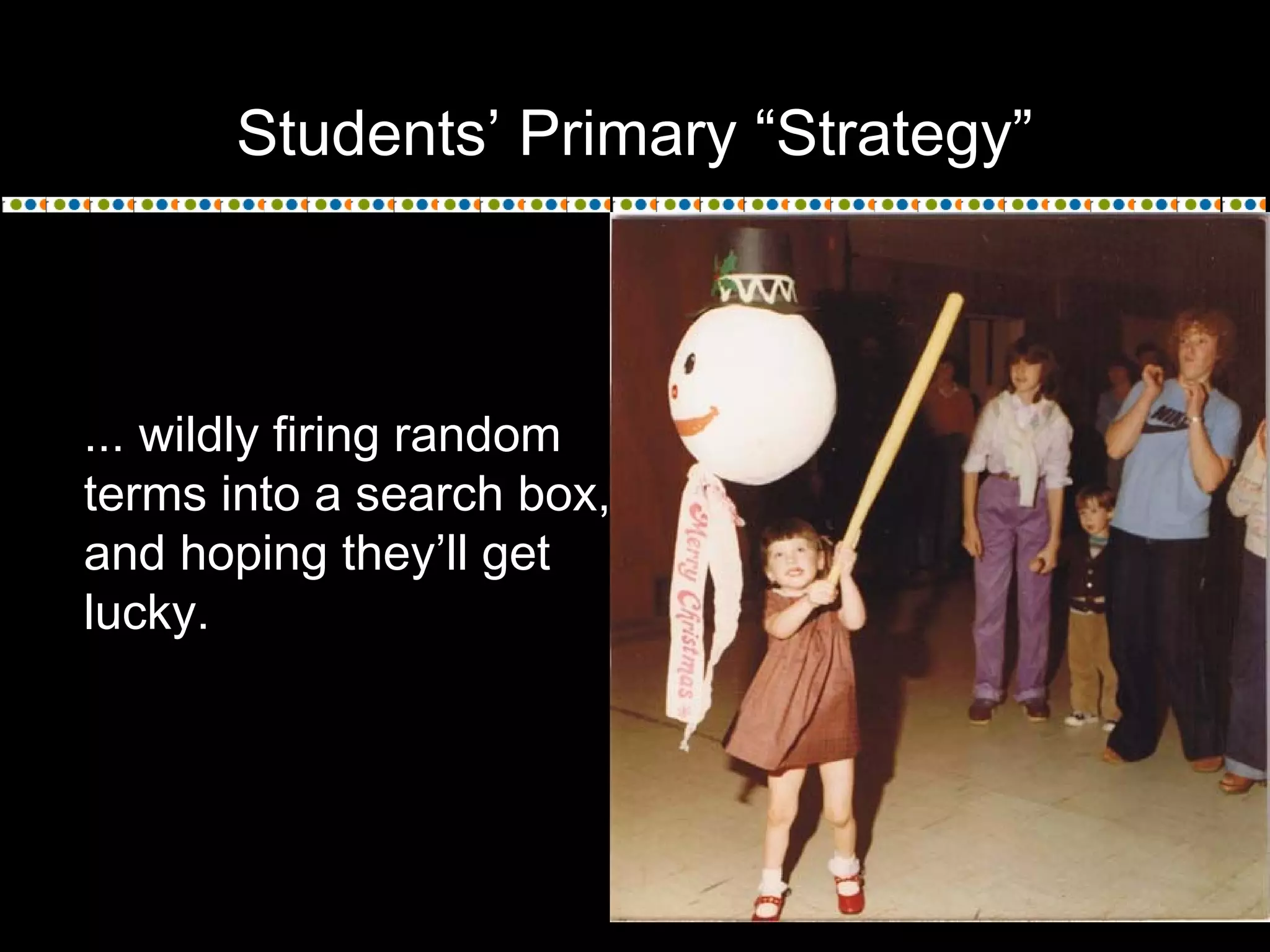 Students’ Primary “Strategy”
... wildly firing random
terms into a search box,
and hoping they’ll get
lucky.
 