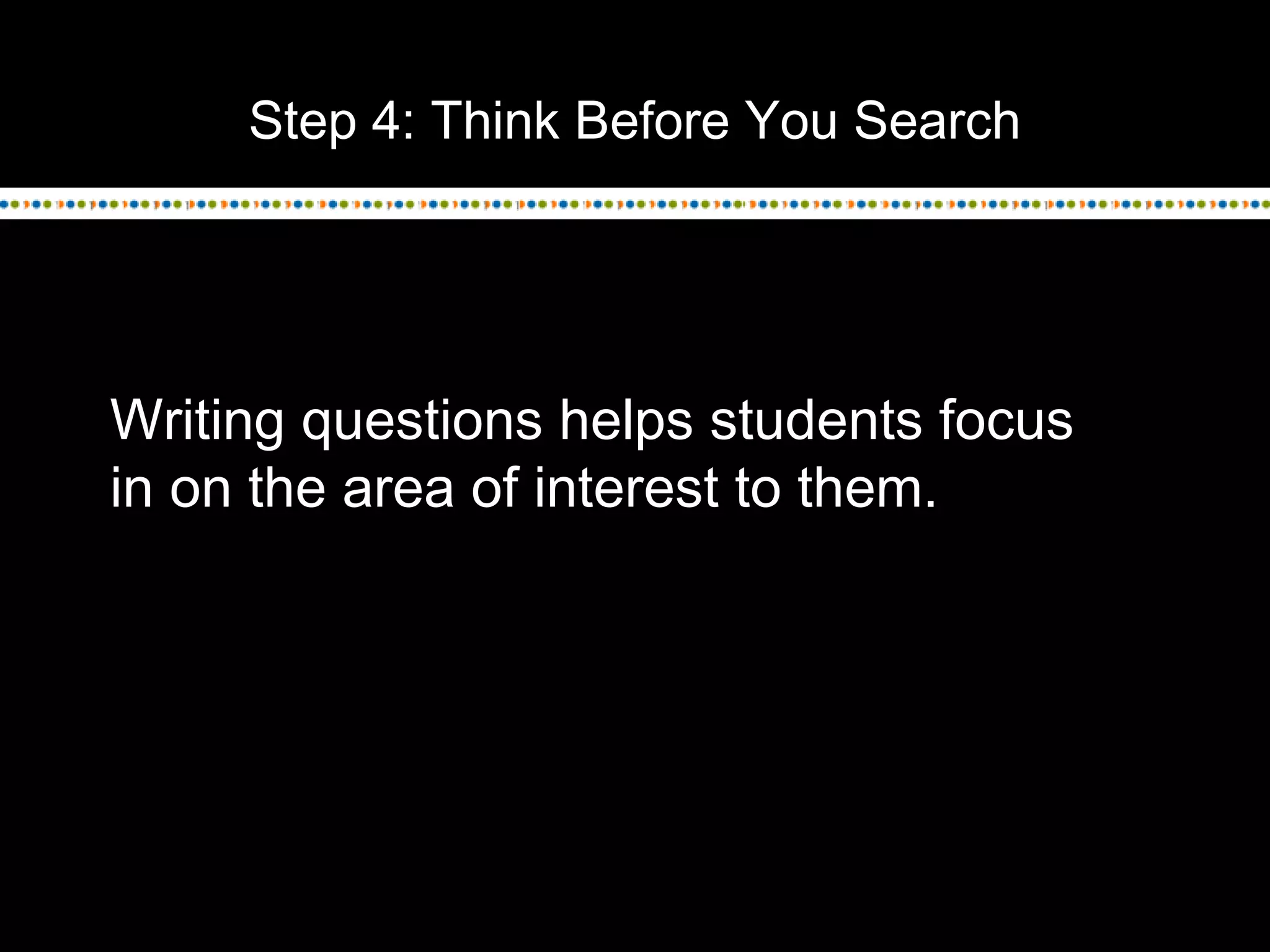 Step 4: Think Before You Search
Writing questions helps students focus
in on the area of interest to them.
 