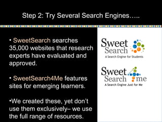 Step 2: Try Several Search Engines…..
• SweetSearch searches
35,000 websites that research
experts have evaluated and
approved.
• SweetSearch4Me features
sites for emerging learners.
•We created these, yet don’t
use them exclusively– we use
the full range of resources.
 