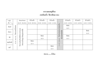 ตารางสอนครูศิริมา
ภาคเรียนที่ 2 ปีการศึกษา 2561
เวลา
วัน
07.45-08.15น.กิจกรรมหน้าเสาธง
Home Room
08.15 – 08.30 น.
ชั่วโมงที่ 1
08.30 - 09.30 น.
ชั่วโมงที่ 2
09.30 - 10.30 น.
ชั่วโมงที่ 3
10.30 - 11.30 น.
11.30-12.30น.รับประทานอาหารกลางวัน/
ประกอบศาสนกิจ
ชั่วโมงที่ 4
12.30 - 13.30 น.
ชั่วโมงที่ 5
13.30 - 14.30 น.
ชั่วโมงที่ 6
14.30 - 15.30 น.
จันทร์
กิจกรรมส่งเสริมนิสัยรักการอ่านและ
กิจกรรมโฮมรูมโดยครูประจาชั้น
ศิลปะ
ม.2/1
อังคาร
ศิลปะ
ม.3/2
พุธ
ศิลปะ
ม.2/2
ศิลปะ
ม.1/1
พฤหัสบดี
ศิลปะ
ม.1/2
ศุกร์
ศิลปะ
ม.3/1
จานวน ........ ชั่วโมง
 