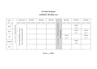 ตารางสอน Mr.Robert
ภาคเรียนที่ 2 ปีการศึกษา 2561
เวลา
วัน
07.45-08.15น.กิจกรรมหน้าเสาธง
Home Room
08.15 – 08.30 น.
ชั่วโมงที่ 1
08.30 - 09.30 น.
ชั่วโมงที่ 2
09.30 - 10.30 น.
ชั่วโมงที่ 3
10.30 - 11.30 น.
11.30-12.30น.รับประทานอาหารกลางวัน/
ประกอบศาสนกิจ
ชั่วโมงที่ 4
12.30 - 13.30 น.
ชั่วโมงที่ 5
13.30 - 14.30 น.
ชั่วโมงที่ 6
14.30 - 15.30 น.
จันทร์
กิจกรรมส่งเสริมนิสัยรักการอ่านและ
กิจกรรมโฮมรูมโดยครูประจาชั้น
English
ม.1/2
อังคาร
English
ม.3/2
English
ม.2/1
พุธ
English
ม.3/1
English
ม.1/1
พฤหัสบดี
English
ม.2/2
ศุกร์
จานวน ....... ชั่วโมง
 