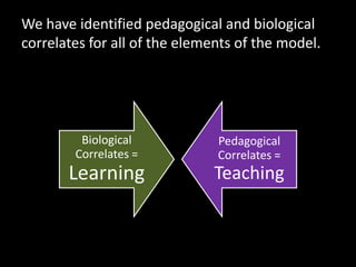 We have identified pedagogical and biological
correlates for all of the elements of the model.
•   Element
•   Pedagogical Correlate
•   S – Simple



•   U – Unexpected



•   C - Concrete


                        Biological    Pedagogical
•   C – Credible
                       Correlates =   Correlates =
•   E – Emotion
                     Learning         Teaching
•   S – Stories
 