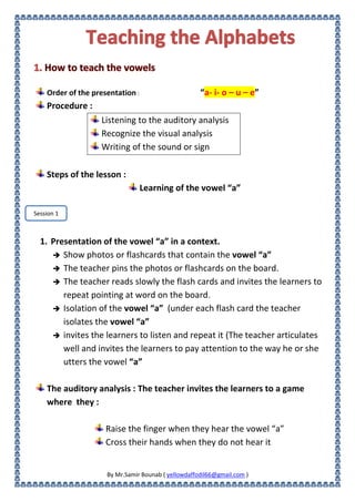 Order of the presentation : “a- i- o – u – e”
Procedure :
Listening to the auditory analysis
Recognize the visual analysis
Writing of the sound or sign
Steps of the lesson :
Learning of the vowel “a”
1. Presentation of the vowel “a” in a context.
 Show photos or flashcards that contain the vowel “a”
 The teacher pins the photos or flashcards on the board.
 The teacher reads slowly the flash cards and invites the learners to
repeat pointing at word on the board.
 Isolation of the vowel “a” (under each flash card the teacher
isolates the vowel “a”
 invites the learners to listen and repeat it (The teacher articulates
well and invites the learners to pay attention to the way he or she
utters the vowel “a”
The auditory analysis : The teacher invites the learners to a game
where they :
Raise the finger when they hear the vowel “a”
Cross their hands when they do not hear it
By Mr.Samir Bounab ( yellowdaffodil66@gmail.com )
Session 1
 