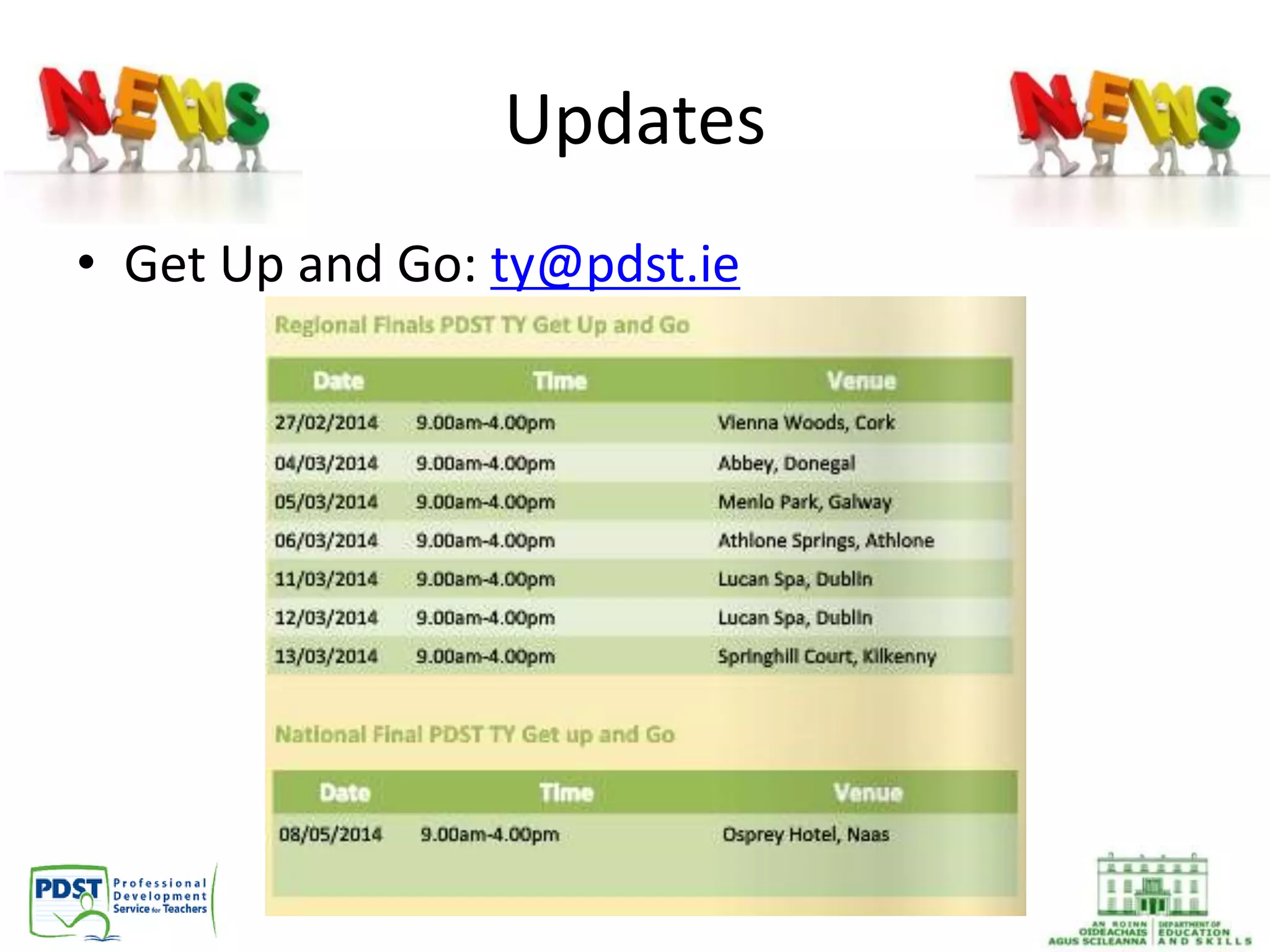 Updates
• Get Up and Go: ty@pdst.ie
 