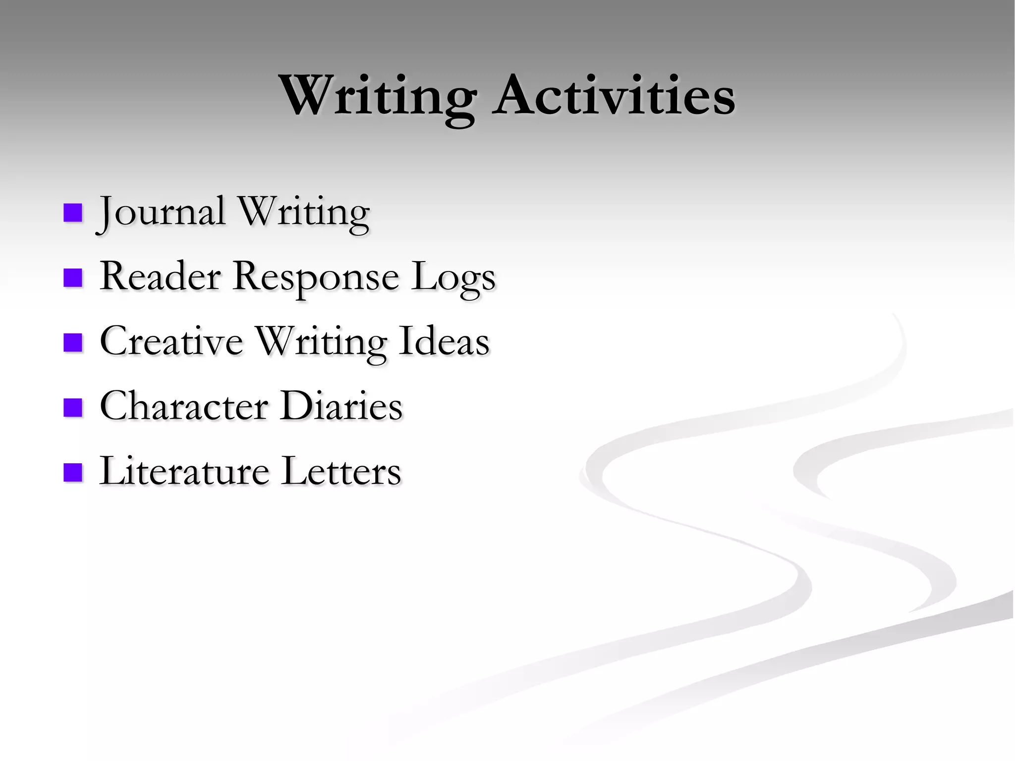 Writing ActivitiesJournal WritingReader Response LogsCreative Writing IdeasCharacter DiariesLiterature Letters