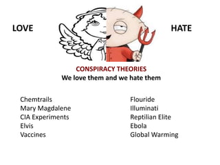 LOVE HATE
CONSPIRACY THEORIES
We love them and we hate them
Chemtrails Flouride
Mary Magdalene Illuminati
CIA Experiments Reptilian Elite
Elvis Ebola
Vaccines Global Warming
 