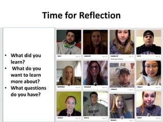 Time for Reflection
• What did you
learn?
• What do you
want to learn
more about?
• What questions
do you have?
 