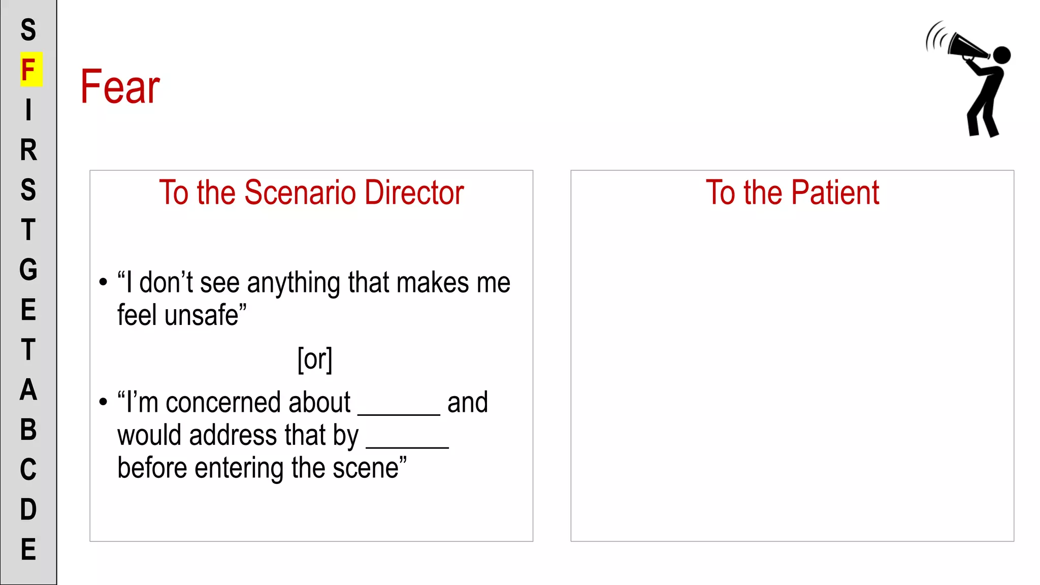 To the Scenario Director
• “I don’t see anything that makes me
feel unsafe”
[or]
• “I’m concerned about ______ and
would address that by ______
before entering the scene”
S
F
I
R
S
T
G
E
T
A
B
C
D
E
To the Patient
Fear
 