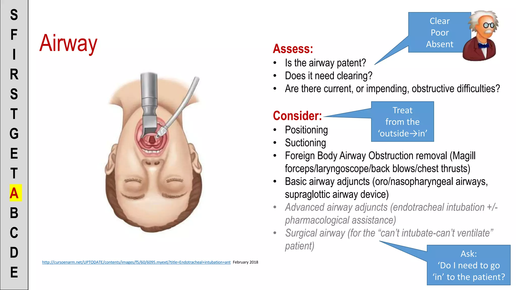 Airway
S
F
I
R
S
T
G
E
T
A
B
C
D
E
http://cursoenarm.net/UPTODATE/contents/images/f5/60/6095.myextj?title=Endotracheal+intubation+ant February 2018
Assess:
• Is the airway patent?
• Does it need clearing?
• Are there current, or impending, obstructive difficulties?
Consider:
• Positioning
• Suctioning
• Foreign Body Airway Obstruction removal (Magill
forceps/laryngoscope/back blows/chest thrusts)
• Basic airway adjuncts (oro/nasopharyngeal airways,
supraglottic airway device)
• Advanced airway adjuncts (endotracheal intubation +/-
pharmacological assistance)
• Surgical airway (for the “can’t intubate-can’t ventilate”
patient)
Clear
Poor
Absent
Treat
from the
‘outside→in’
Ask:
‘Do I need to go
‘in’ to the patient?
 