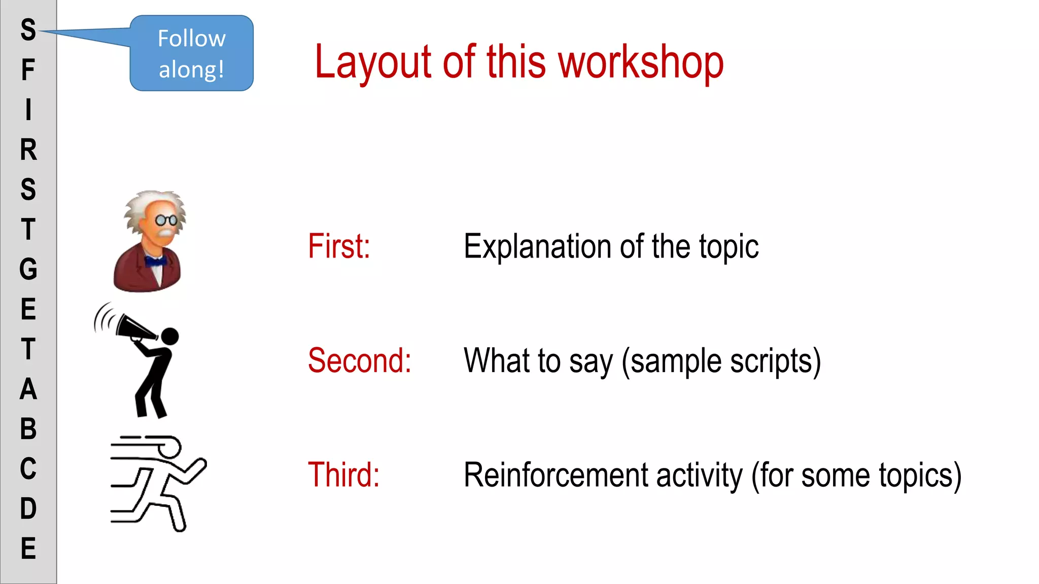 Layout of this workshop
First: Explanation of the topic
Second: What to say (sample scripts)
Third: Reinforcement activity (for some topics)
S
F
I
R
S
T
G
E
T
A
B
C
D
E
Follow
along!
 