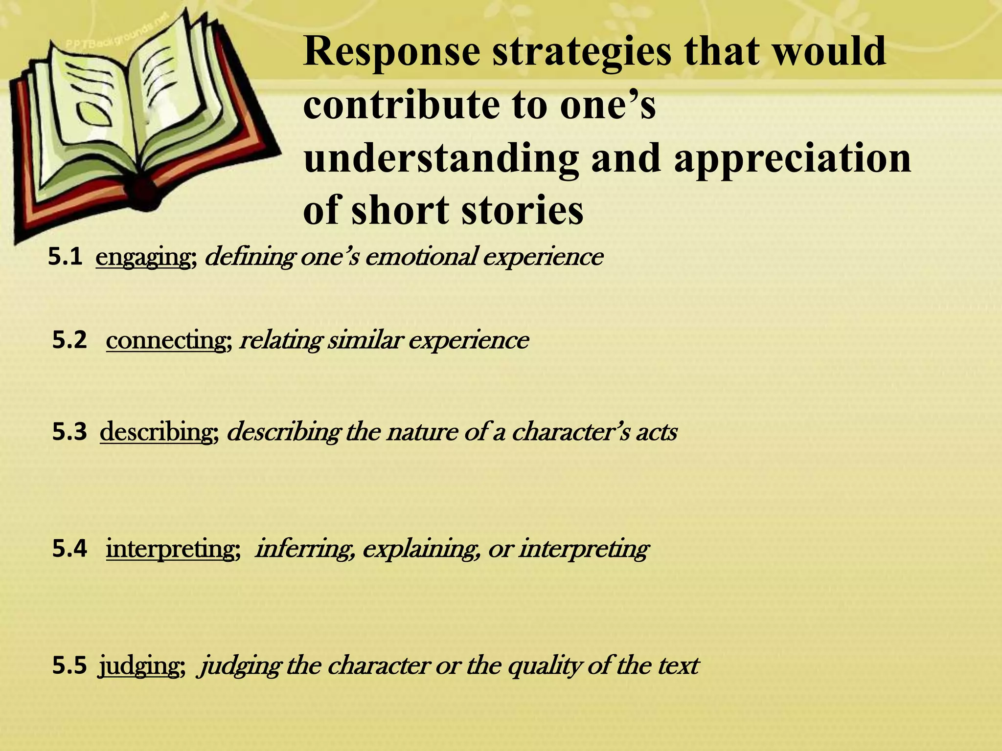 Response strategies that would
understanding and appreciation of short stories
contribute to one’s
understanding and appreciation
of short stories
5.1 engaging; defining one’s emotional experience
5.2 connecting; relating similar experience

5.3 describing; describing the nature of a character’s acts

5.4 interpreting; inferring, explaining, or interpreting

5.5 judging; judging the character or the quality of the text

 