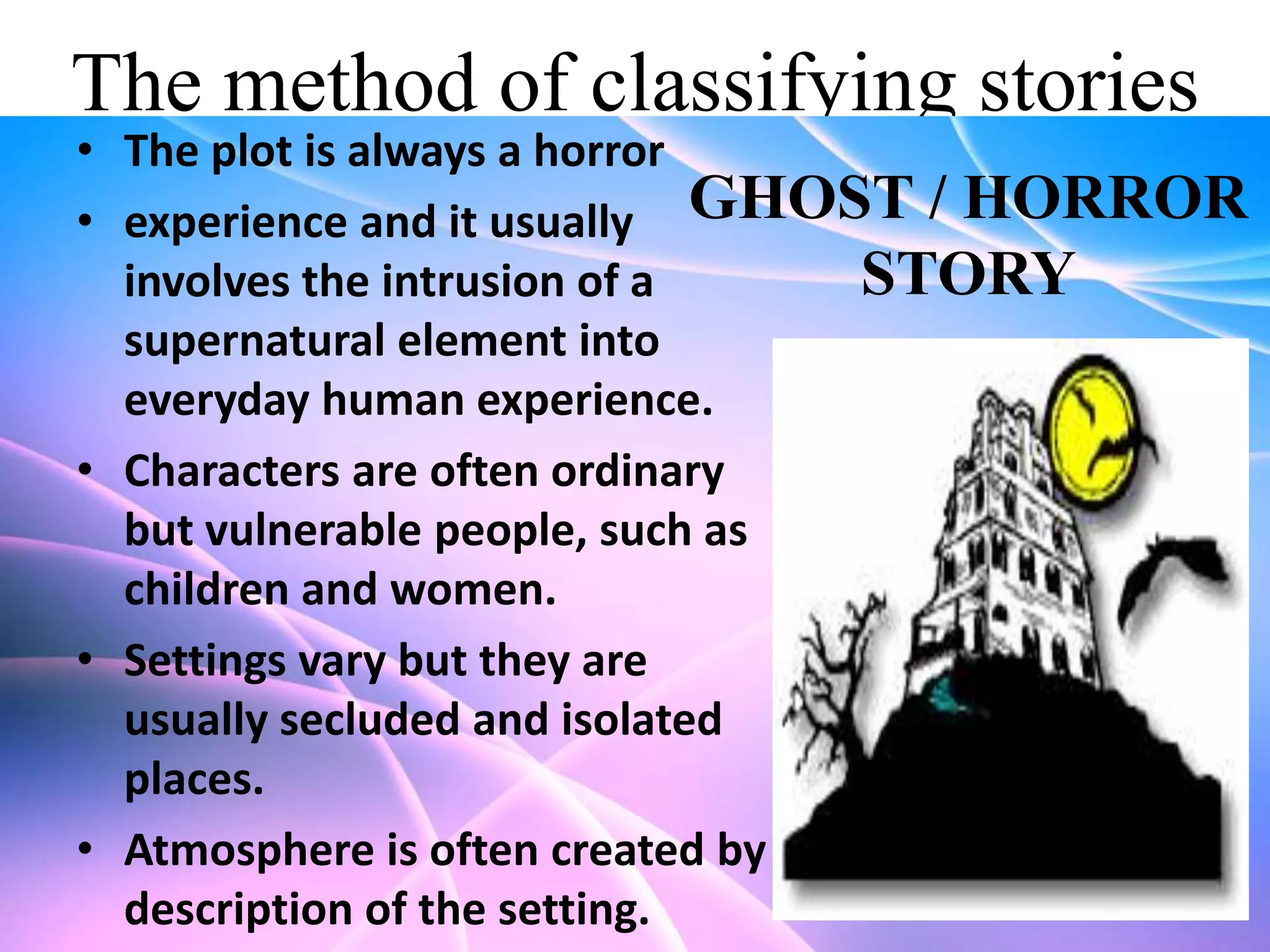 The method of classifying stories

• The plot is always a horror
• experience and it usually GHOST / HORROR
STORY
involves the intrusion of a
supernatural element into
everyday human experience.
• Characters are often ordinary
but vulnerable people, such as
children and women.
• Settings vary but they are
usually secluded and isolated
places.
• Atmosphere is often created by
description of the setting.

 