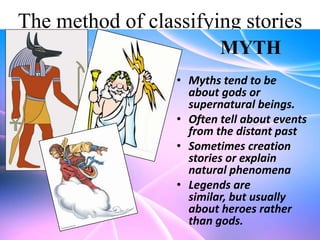The method of classifying stories
MYTH
• Myths tend to be
about gods or
supernatural beings.
• Often tell about events
from the distant past
• Sometimes creation
stories or explain
natural phenomena
• Legends are
similar, but usually
about heroes rather
than gods.

 