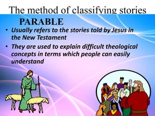 The method of classifying stories
PARABLE

• Usually refers to the stories told by Jesus in
the New Testament
• They are used to explain difficult theological
concepts in terms which people can easily
understand

 