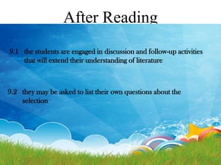 After Reading
9.1 the students are engaged in discussion and follow-up activities
that will extend their understanding of literature

9.2 they may be asked to list their own questions about the
selection

 