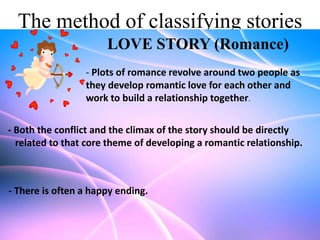 The method of classifying stories
LOVE STORY (Romance)
- Plots of romance revolve around two people as
they develop romantic love for each other and
work to build a relationship together.
- Both the conflict and the climax of the story should be directly
related to that core theme of developing a romantic relationship.

- There is often a happy ending.

 