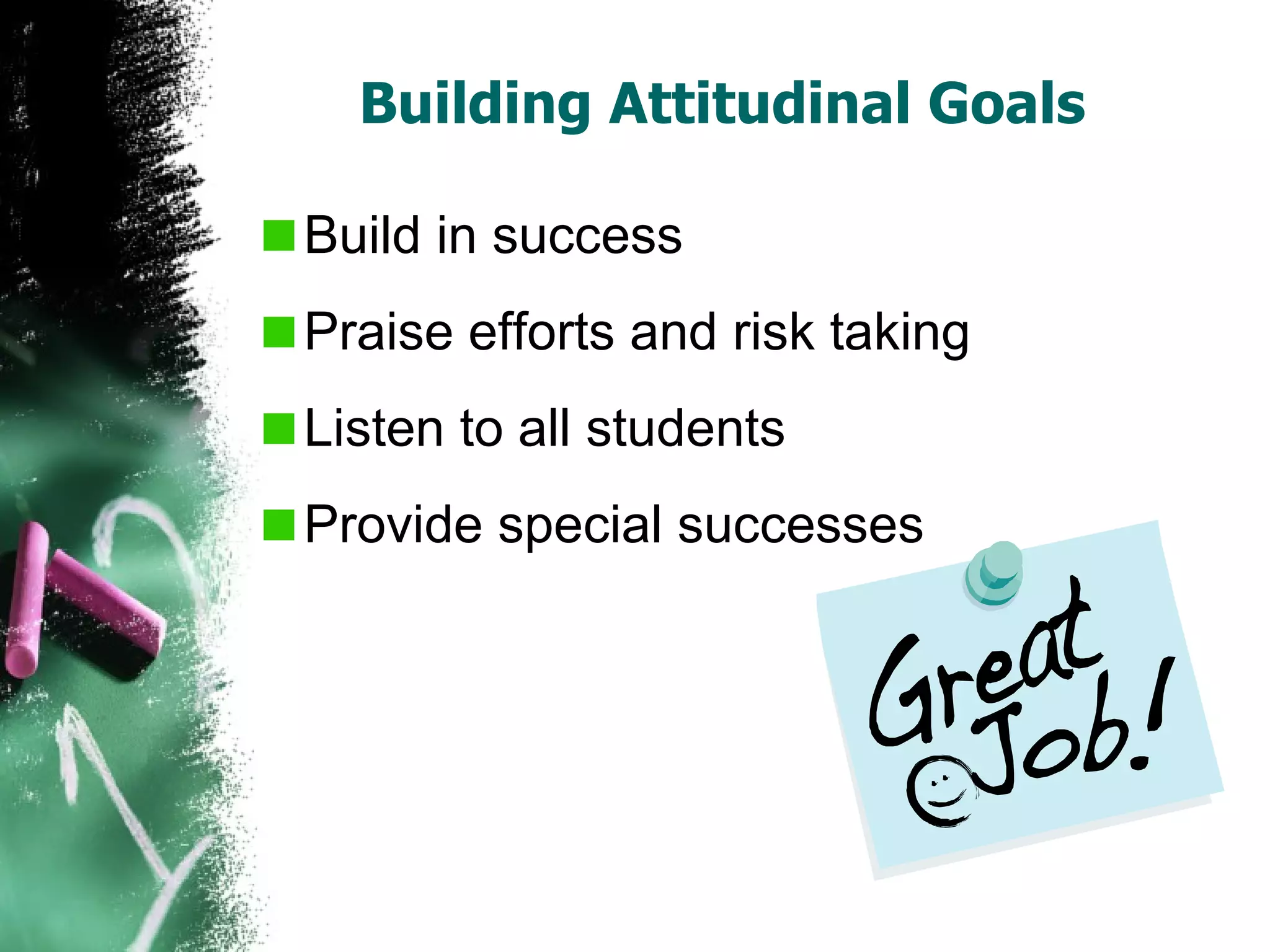 Building Attitudinal Goals  Build in success Praise efforts and risk taking  Listen to all students  Provide special successes 