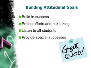 Building Attitudinal Goals  Build in success Praise efforts and risk taking  Listen to all students  Provide special successes 