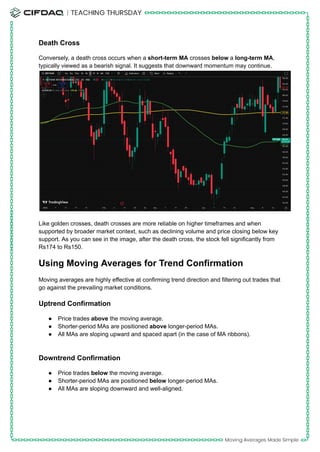 Death Cross
Conversely, a death cross occurs when a short-term MA crosses below a long-term MA,
typically viewed as a bearish signal. It suggests that downward momentum may continue.
Like golden crosses, death crosses are more reliable on higher timeframes and when
supported by broader market context, such as declining volume and price closing below key
support. As you can see in the image, after the death cross, the stock fell significantly from
Rs174 to Rs150.
Using Moving Averages for Trend Confirmation
Moving averages are highly effective at confirming trend direction and filtering out trades that
go against the prevailing market conditions.
Uptrend Confirmation
●​ Price trades above the moving average.
●​ Shorter-period MAs are positioned above longer-period MAs.
●​ All MAs are sloping upward and spaced apart (in the case of MA ribbons).​
Downtrend Confirmation
●​ Price trades below the moving average.
●​ Shorter-period MAs are positioned below longer-period MAs.
●​ All MAs are sloping downward and well-aligned.
 