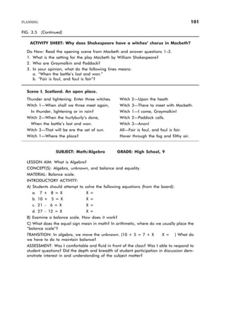 FIG. 3.5 (Continued)
ACTIVITY SHEET: Why does Shakespeare have a witches’ chorus in Macbeth?
Do Now: Read the opening scene from Macbeth and answer questions 1–3.
1. What is the setting for the play Macbeth by William Shakespeare?
2. Who are Graymalkin and Paddock?
3. In your opinion, what do the following lines means:
a. “When the battle’s lost and won.”
b. “Fair is foul, and foul is fair”?
Scene I. Scotland. An open place.
Thunder and lightening. Enter three witches. Witch 2—Upon the heath
Witch 1—When shall we three meet again, Witch 3—There to meet with Macbeth.
In thunder, lightening or in rain? Witch 1—I come, Graymalkin!
Witch 2—When the hurlyburly’s done, Witch 2—Paddock calls.
When the battle’s lost and won. Witch 3—Anon!
Witch 3—That will be ere the set of sun. All—Fair is foul, and foul is fair.
Witch 1—Where the place? Hover through the fog and filthy air.
SUBJECT: Math/Algebra GRADE: High School, 9
LESSON AIM: What is Algebra?
CONCEPT(S): Algebra, unknown, and balance and equality.
MATERIAL: Balance scale.
INTRODUCTORY ACTIVITY:
A) Students should attempt to solve the following equations (from the board):
a. 7 + 8 = X X =
b. 10 + 5 = X X =
c. 21 - 6 = X X =
d. 27 - 12 = X X =
B) Examine a balance scale. How does it work?
C) What does the equal sign mean in math? In arithmetic, where do we usually place the
“balance scale”?
TRANSITION: In algebra, we move the unknown. (10 + 5 = 7 + X X = ) What do
we have to do to maintain balance?
ASSESSMENT: Was I comfortable and fluid in front of the class? Was I able to respond to
student questions? Did the depth and breadth of student participation in discussion dem-
onstrate interest in and understanding of the subject matter?
PLANNING 101
 