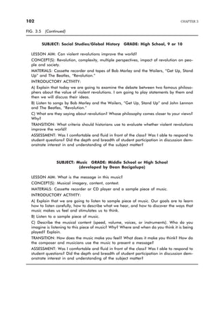 FIG. 3.5 (Continued)
SUBJECT: Social Studies/Global History GRADE: High School, 9 or 10
LESSON AIM: Can violent revolutions improve the world?
CONCEPT(S): Revolution, complexity, multiple perspectives, impact of revolution on peo-
ple and society.
MATERIALS: Cassette recorder and tapes of Bob Marley and the Wailers, “Get Up, Stand
Up” and The Beatles, “Revolution.”
INTRODUCTORY ACTIVITY:
A) Explain that today we are going to examine the debate between two famous philoso-
phers about the value of violent revolutions. I am going to play statements by them and
then we will discuss their ideas.
B) Listen to songs by Bob Marley and the Wailers, “Get Up, Stand Up” and John Lennon
and The Beatles, “Revolution.”
C) What are they saying about revolution? Whose philosophy comes closer to your views?
Why?
TRANSITION: What criteria should historians use to evaluate whether violent revolutions
improve the world?
ASSESSMENT: Was I comfortable and fluid in front of the class? Was I able to respond to
student questions? Did the depth and breadth of student participation in discussion dem-
onstrate interest in and understanding of the subject matter?
SUBJECT: Music GRADE: Middle School or High School
(developed by Dean Bacigalupo)
LESSON AIM: What is the message in this music?
CONCEPT(S): Musical imagery, content, context.
MATERIALS: Cassette recorder or CD player and a sample piece of music.
INTRODUCTORY ACTIVITY:
A) Explain that we are going to listen to sample piece of music. Our goals are to learn
how to listen carefully, how to describe what we hear, and how to discover the ways that
music makes us feel and stimulates us to think.
B) Listen to a sample piece of music.
C) Describe the musical content (speed, volume, voices, or instruments). Who do you
imagine is listening to this piece of music? Why? Where and when do you think it is being
played? Explain.
TRANSITION: How does the music make you feel? What does it make you think? How do
the composer and musicians use the music to present a message?
ASSESSMENT: Was I comfortable and fluid in front of the class? Was I able to respond to
student questions? Did the depth and breadth of student participation in discussion dem-
onstrate interest in and understanding of the subject matter?
102 CHAPTER 3
 