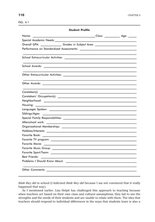 think they did in school (I italicized think they did because I am not convinced that it really
happened that way).
As I mentioned earlier, Lisa Delpit has challenged this approach to teaching because
when teachers act based on their own class and cultural assumptions, they fail to see the
strengths and the needs of their students and are unable to relate with them. The idea that
teachers should respond to individual differences in the ways that students learn is also a
110 CHAPTER 4
FIG. 4.1
Student Profile
Name: _____________________________________________ Class: ___________ Age: ______
Special Academic Needs:___________________________________________________________
Overall GPA: _______________ Grades in Subject Area: ______________________________
Performance on Standardized Assessments: _________________________________________
__________________________________________________________________________________
School Extracurricular Activities: ____________________________________________________
__________________________________________________________________________________
School Awards: ___________________________________________________________________
__________________________________________________________________________________
Other Extracurricular Activities: _____________________________________________________
__________________________________________________________________________________
Other Awards: ____________________________________________________________________
__________________________________________________________________________________
Caretaker(s): ______________________________________________________________________
Caretakers’ Occupation(s): _________________________________________________________
Neighborhood: ___________________________________________________________________
Housing: _________________________________________________________________________
Languages Spoken: _______________________________________________________________
Siblings/Ages: ____________________________________________________________________
Special Family Responsibilities: _____________________________________________________
Afterschool work: _________________________________________________________________
Organizational Memberships: ______________________________________________________
Hobbies/Interests: _________________________________________________________________
Favorite Book: ____________________________________________________________________
Favorite TV program: ______________________________________________________________
Favorite Movie: ___________________________________________________________________
Favorite Music Group: _____________________________________________________________
Favorite Sport/Team: ______________________________________________________________
Best Friends: _____________________________________________________________________
Problems I Should Know About: ___________________________________________________
__________________________________________________________________________________
Other Comments: _________________________________________________________________
 