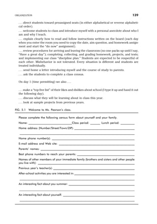 . . . direct students toward preassigned seats (in either alphabetical or reverse alphabeti-
cal order).
. . . welcome students to class and introduce myself with a personal anecdote about who I
am and why I teach.
. . . explain clearly how to read and follow instructions written on the board (each day
when you enter the room you need to copy the date, aim question, and homework assign-
ment and start the “do now” assignment).
. . . review procedures for arriving and leaving the classroom (no one packs up until I say,
“Have a great day”); completing, collecting, and grading homework, projects, and tests;
and implementing our class “discipline plan.” Students are expected to be respectful of
each other. Misbehavior is not tolerated. Every situation is different and students are
treated individually.
. . . send home a letter introducing myself and the course of study to parents.
. . . ask the students to complete a class census.
On day 1 (time permitting) we also . . .
. . . make a “top five list” of their likes and dislikes about school (I type it up and hand it out
the following day).
. . . discuss what they will be learning about in class this year.
. . . look at sample projects from previous years.
ORGANIZATION 139
FIG. 5.1 Welcome to Ms. Pearson’s class.
Please complete the following census form about yourself and your family.
Name: _______________________________Class period: _______ Lunch period: __________
Home address (Number/Street/Town/ZIP): ___________________________________________
__________________________________________________________________________________
Home phone number(s): ___________________________________________________________
E-mail address and Web site: ______________________________________________________
Parents’ names: ___________________________________________________________________
Best phone numbers to reach your parents: _________________________________________
Names of other members of your immediate family (brothers and sisters and other people
you live with): _____________________________________________________________________
Previous year’s teacher(s): __________________________________________________________
After-school activities you are interested in:___________________________________________
__________________________________________________________________________________
An interesting fact about you summer: _______________________________________________
__________________________________________________________________________
An interesting fact about yourself: ___________________________________________________
__________________________________________________________________________________
 