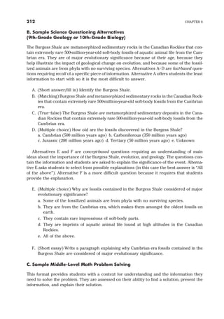 B. Sample Science Questioning Alternatives
(9th-Grade Geology or 10th-Grade Biology)
The Burgess Shale are metamorphized sedimentary rocks in the Canadian Rockies that con-
tain extremely rare 500-million-year-old soft-body fossils of aquatic animal life from the Cam-
brian era. They are of major evolutionary significance because of their age, because they
help illustrate the impact of geological change on evolution, and because some of the fossil-
ized animals are from phyla with no surviving species. Alternatives A–D are fact-based ques-
tions requiring recall of a specific piece of information. Alternative A offers students the least
information to start with so it is the most difficult to answer.
A. (Short answer/fill in) Identify the Burgess Shale.
B. (Matching) Burgess Shale and metamorphized sedimentary rocks in the Canadian Rock-
ies that contain extremely rare 500-million-year-old soft-body fossils from the Cambrian
era.
C. (True–false) The Burgess Shale are metamorphized sedimentary deposits in the Cana-
dian Rockies that contain extremely rare 500-million-year-old soft-body fossils from the
Cambrian era.
D. (Multiple choice) How old are the fossils discovered in the Burgess Shale?
a. Cambrian (500 million years ago) b. Carboniferous (350 million years ago)
c. Jurassic (200 million years ago) d. Tertiary (50 million years ago) e. Unknown
Alternatives E and F are concept-based questions requiring an understanding of main
ideas about the importance of the Burgess Shale, evolution, and geology. The questions con-
tain the information and students are asked to explain the significance of the event. Alterna-
tive E asks students to select from possible explanations (in this case the best answer is “All
of the above”). Alternative F is a more difficult question because it requires that students
provide the explanation.
E. (Multiple choice) Why are fossils contained in the Burgess Shale considered of major
evolutionary significance?
a. Some of the fossilized animals are from phyla with no surviving species.
b. They are from the Cambrian era, which makes them amongst the oldest fossils on
earth.
c. They contain rare impressions of soft-body parts.
d. They are imprints of aquatic animal life found at high altitudes in the Canadian
Rockies.
e. All of the above.
F. (Short essay) Write a paragraph explaining why Cambrian era fossils contained in the
Burgess Shale are considered of major evolutionary significance.
C. Sample Middle-Level Math Problem Solving
This format provides students with a context for understanding and the information they
need to solve the problem. They are assessed on their ability to find a solution, present the
information, and explain their solution.
212 CHAPTER 8
 