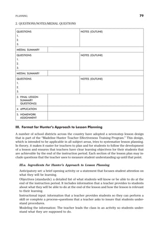 2. QUESTIONS/NOTES/MEDIAL QUESTIONS
QUESTIONS
1.
2.
3.
NOTES (OUTLINE)
MEDIAL SUMMARY
QUESTIONS
1.
2.
3.
NOTES (OUTLINE)
MEDIAL SUMMARY
QUESTIONS
1.
2.
3.
NOTES (OUTLINE)
3. FINAL LESSON
SUMMARY
QUESTION(S)
4. APPLICATION
5. HOMEWORK
ASSIGNMENT
III. Format for Hunter’s Approach to Lesson Planning
A number of school districts across the country have adopted a seven-step lesson design
that is part of the “Madeline Hunter Teacher Effectiveness Training Program.” This design,
which is intended to be applicable in all subject areas, tries to systematize lesson planning.
In theory, it makes it easier for teachers to plan and for students to follow the development
of a lesson and ensures that teachers have clear learning objectives for their students that
are achievable by the end of the instruction period. Each section of the lesson plan may in-
clude questions that the teacher uses to measure student understanding up until that point.
III.a. Ingredients for Hunter’s Approach to Lesson Planning
Anticipatory set: a brief opening activity or a statement that focuses student attention on
what they will be learning.
Objectives (standards): a detailed list of what students will know or be able to do at the
end of the instruction period. It includes information that a teacher provides to students
about what they will be able to do at the end of the lesson and how the lesson is relevant
to their learning.
Instructional input: information that a teacher provides students so they can perform a
skill or complete a process—questions that a teacher asks to insure that students under-
stand procedures.
Modeling the information: The teacher leads the class in an activity so students under-
stand what they are supposed to do.
PLANNING 79
 