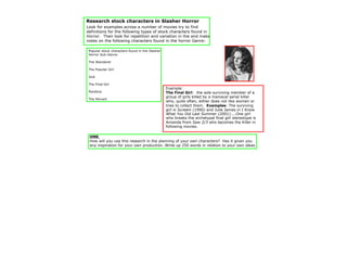 Research stock characters in Slasher Horror
Look for examples across a number of movies try to find
definitions for the following types of stock characters found in
Horror. Then look for repetition and variation in the and make
notes on the following characters found in the horror Genre:

 Popular stock characters found in the Slasher
 Horror Sub-Genre:

 The Wanderer

 The Popular Girl

 Jock

 The Final Girl
                                                 Example:
 Pandora                                         The Final Girl: the sole surviving member of a
                                                 group of girls killed by a maniacal serial killer
 The Pervert
                                                 who, quite often, either does not like women or
                                                 tries to collect them. Examples: The surviving
                                                 girl in Scream (1990) and Julie James in I Know
                                                 What You Did Last Summer (2001)....One girl
                                                 who breaks the archetypal final girl stereotype is
                                                 Amanda from Saw 2/3 who becomes the Killer in
                                                 following movies.

 HMK
 How will you use this research in the planning of your own characters? Has it given you
 any inspiration for your own production..Write up 250 words in relation to your own ideas
 